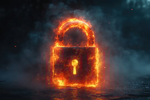 Fiery digital padlock symbolizing intense cyber security threats photo