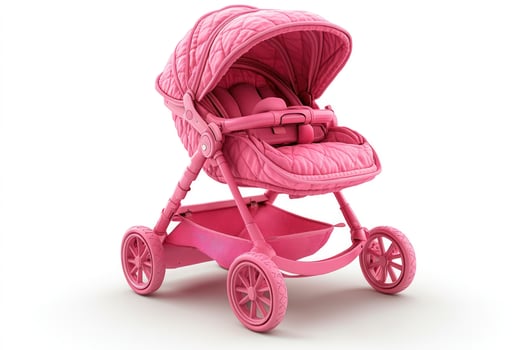 Pink baby stroller on white background child transportation equipment photo