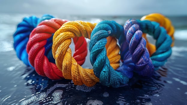 Abstract colorful rope loops on wet surface pattern background photo