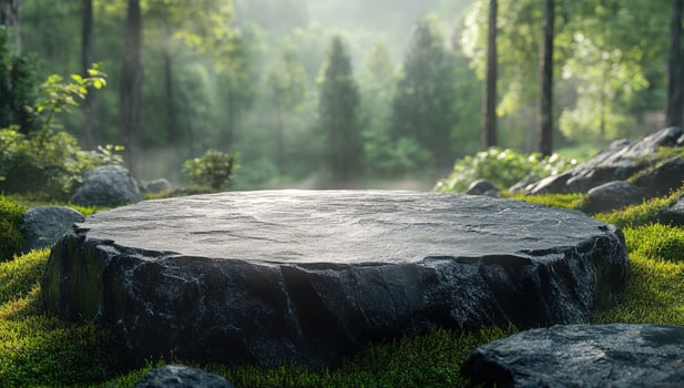 Stone pedestal in misty forest landscape natural product display photo