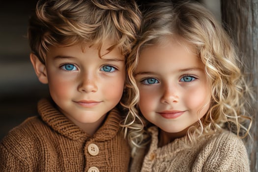 Portrait of smiling young boy and girl with curly hair wearing knit sweaters close together photo