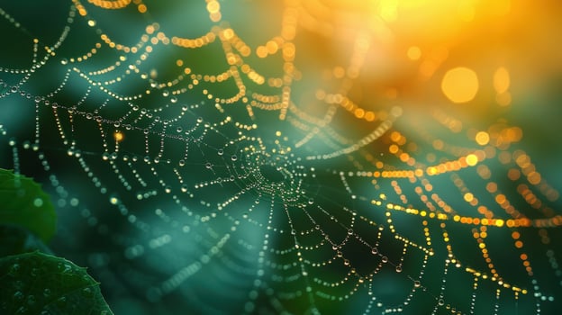 Spiderweb with dewdrops shining in morning light macro shot photo