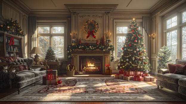Festive holiday interior with decorated christmas tree and fireplace photo