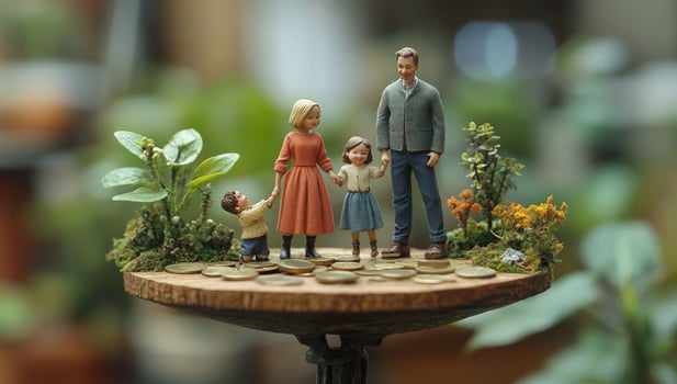Family figurine group on coins for finance concept photo