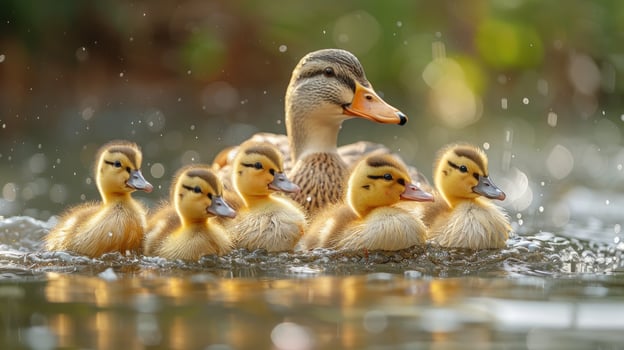 Duck and ducklings swimming in natural habitat togetherness photo