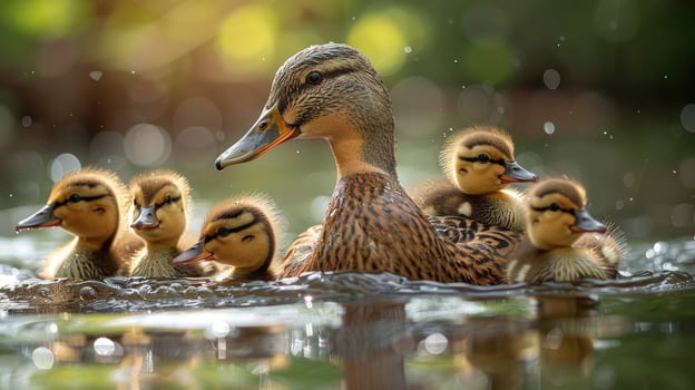 Duck and ducklings swimming in serene waters wildlife portrait photo