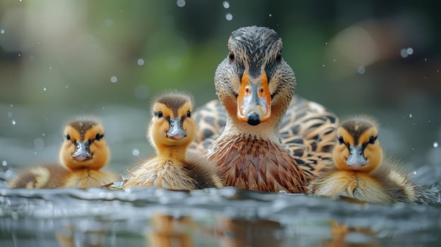 Duck family swimming together natural wildlife photo