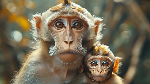 Monkey mother and baby close up portrait affection in natural habitat wildlife photo