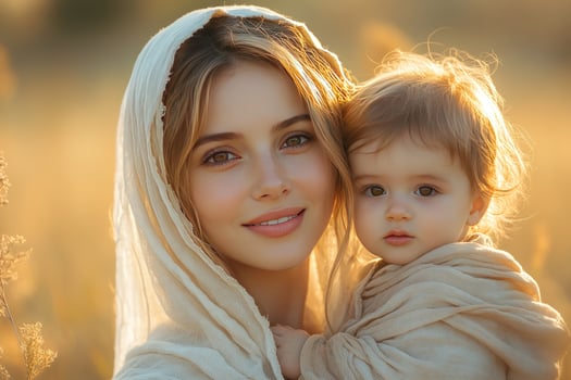 Woman holding child in soft golden sunlight portrait of maternal love and innocence photo