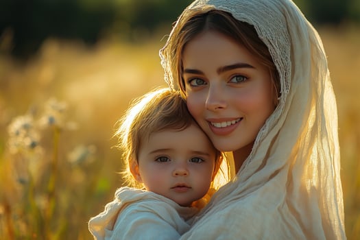 Mother and baby close up portrait outdoors sunlight photo