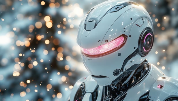 Futuristic robot head with holiday bokeh background artificial intelligence concept photo
