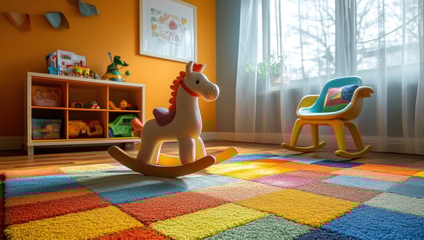 Childs playroom interior with rocking horse and colorful rug child development and home decor photo