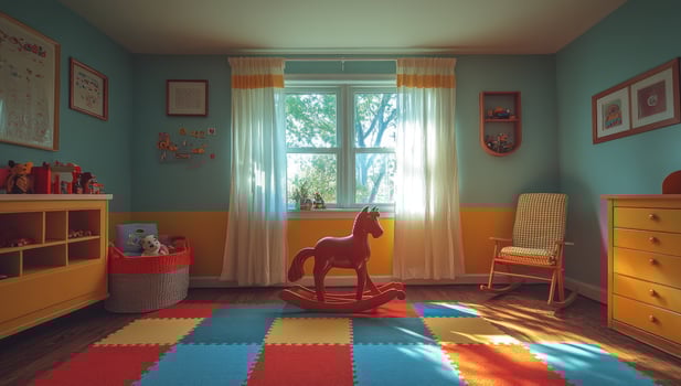 Childs playroom with rocking horse and bright colored foam tiles photo