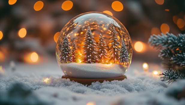 Christmas snow globe with miniature pine trees and bokeh lights winter decoration photo