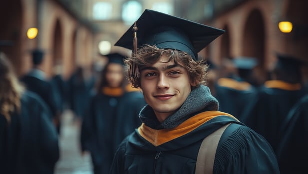 Graduation ceremony portrait young graduate wearing academic dress celebrating achievement photo