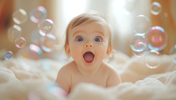 Surprised baby with soap bubbles expressing joy and innocence photo