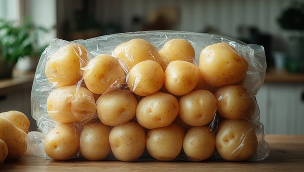 Fresh yellow potatoes in plastic bag heap of uncooked roots photo