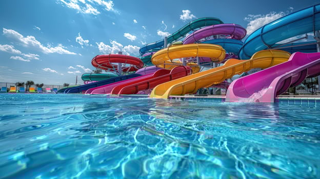 Colorful water slides at water park on summer day vacation and recreation photo