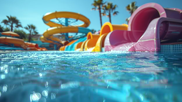 Vibrant waterslides and sparkling pool at tropical waterpark photo