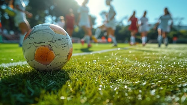Soccer ball on field with players in background sport and recreation photo