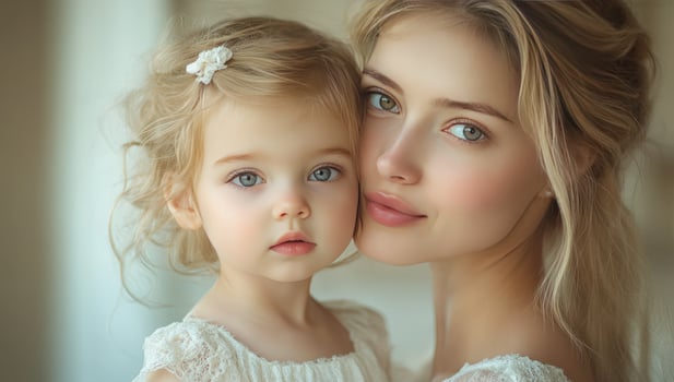 Mother and child bonding moment in soft light portrait photo