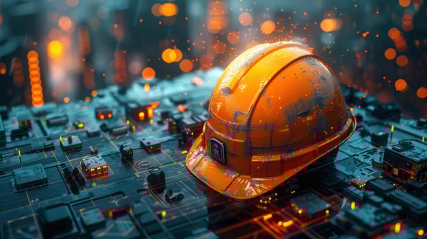 Construction helmet on circuit board symbolizing technology and engineering advancement photo