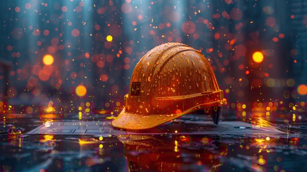 Orange hard hat reflects in wet environment at construction site photo