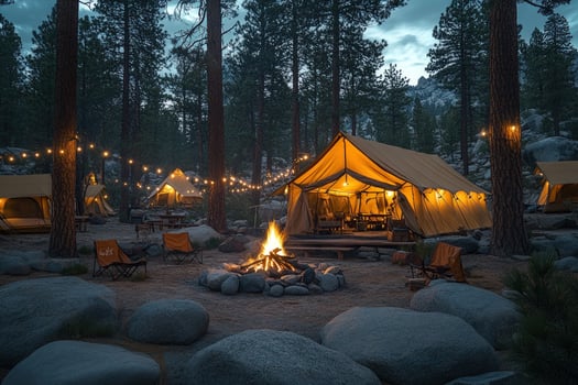 Night camping with lit tents and bonfire in forest under evening sky photo