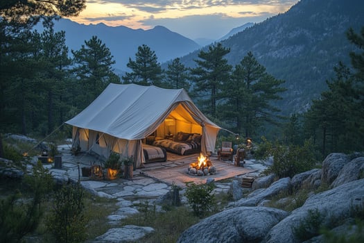 Luxury camping in nature at dusk mountain landscape adventure photo