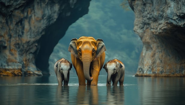 Elephant family wading through river with rocky cliffs photo