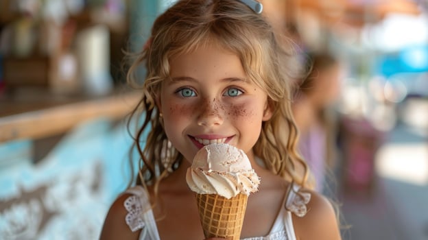 Joyful girl enjoying ice cream cone on a sunny day childhood moment photo