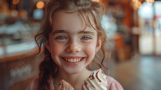 Smiling girl enjoying two ice cream cones indoor photo