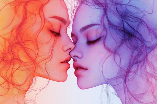 Stylized portrait of two women with intertwined colored hair photo