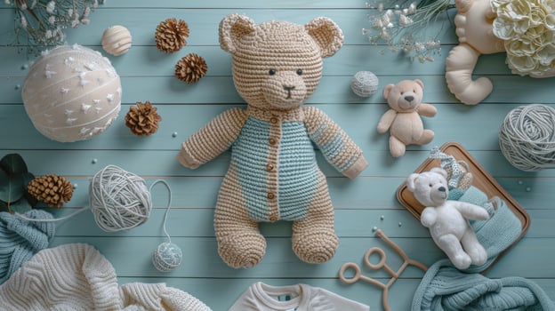 Cute knitted teddy bear and baby toy still life on blue textured background photo