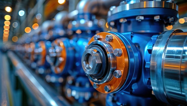 Industrial pipes metallic valves blue orange engineering system factory equipment photo