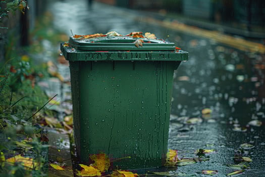 Green trash can on rainy street with autumn leaves waste management concept photo