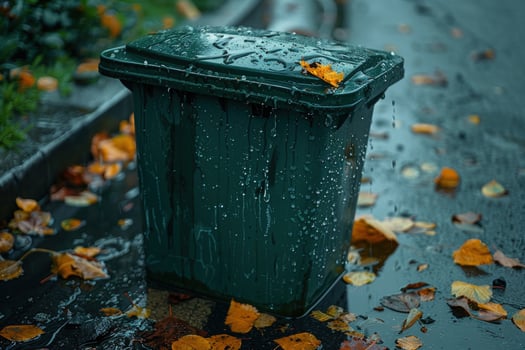 Green trash container after rain with fallen leaves environmental image photo