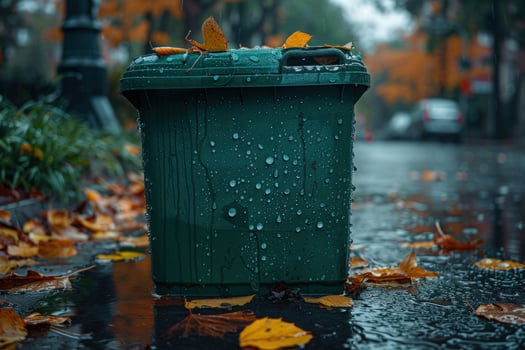 Green trash bin outdoors on rainy day with fallen leaves reflecting light photo