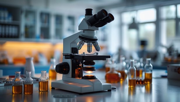 Microscope in bright laboratory for scientific medical research and analysis photo