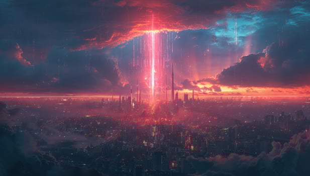 Futuristic cityscape under dramatic sky red and blue architecture photo