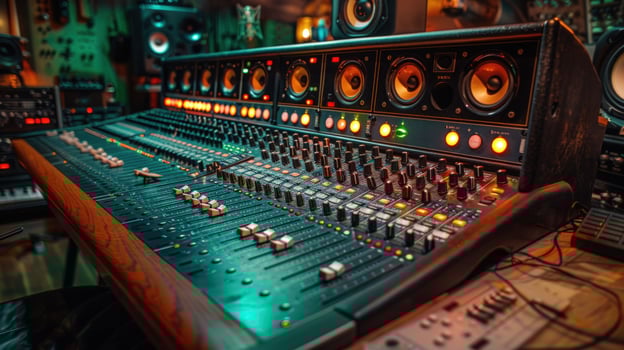 Audio mixing console for music production in professional recording studio photo