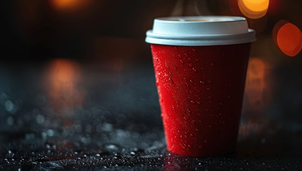 Hot drink in red cup fresh beverage on table photo