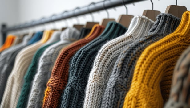 Row of knitted sweaters on hangers clothing variety warmth texture fabric photo