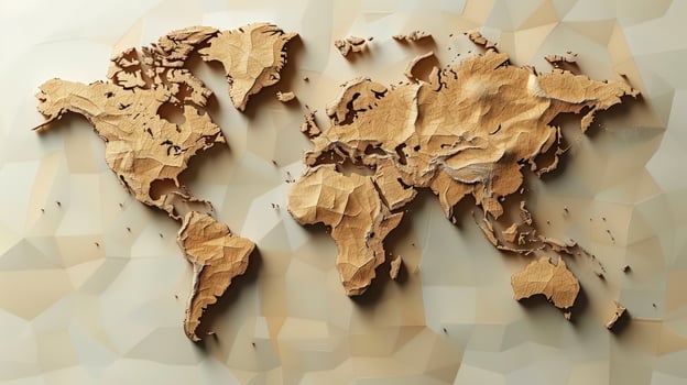 Detailed wood world map on geometric patterned beige background texture photo