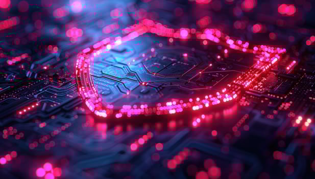 Cybersecurity shield on circuit board representing network protection and technology photo