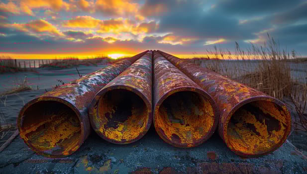 Rusty pipes at sunset industrial decay and environmental theme photo