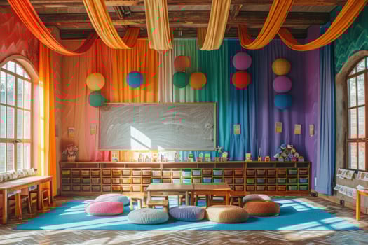 Colorful classroom interior with natural light and educational elements photo