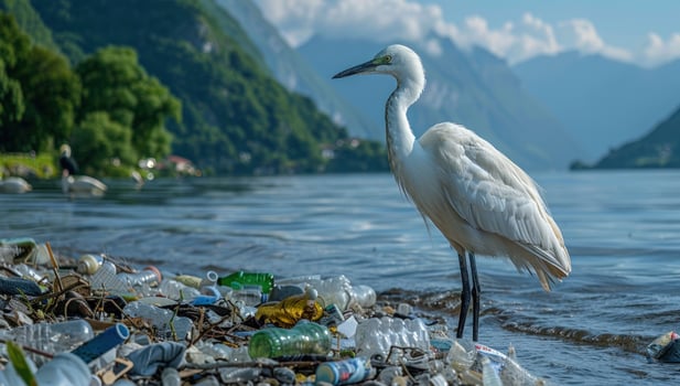 Heron amidst plastic waste on lakeside shoreline environment photo