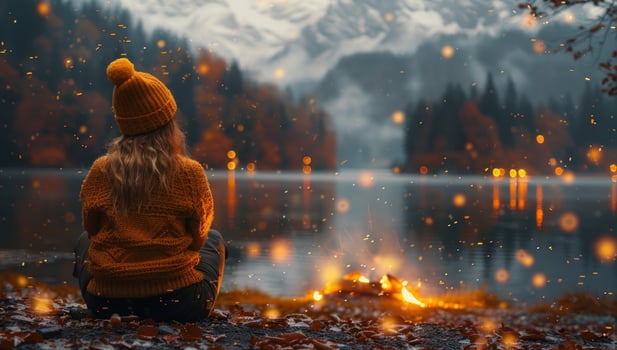 Woman relaxing by autumn lake landscape scenic vista photo