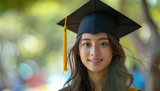 Graduation portrait of a smiling young woman with graduation cap photo